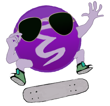 An Emacs logo in cool glassess doing a skateboard flip