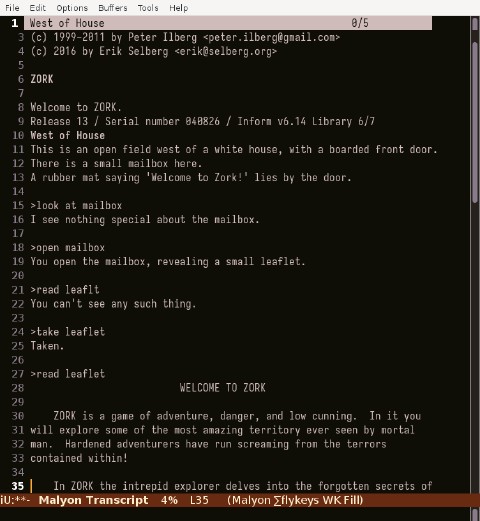 An Emacs screenshot showing first few moves in Zork games